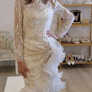 Vintage formal dress white and gold with ruffles